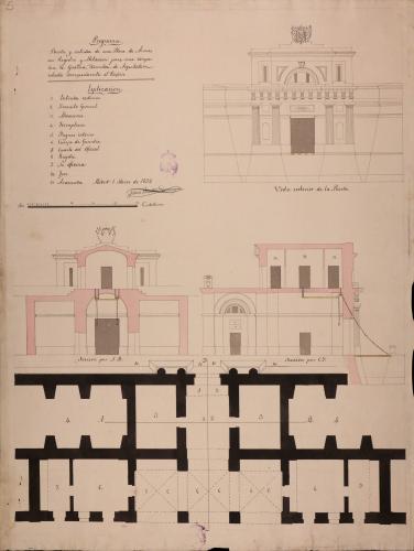 Planta, alzado de la fachada exterior de la puerta y las secciones AB y CD de una puerta a una plaza de armas, con registro y habitación para un cuerpo de guardia