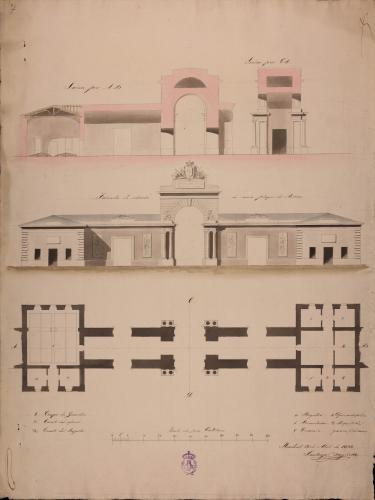 Planta, alzado de la fachada y sección AB de una puerta a una plaza de armas, con registro y habitación para cuerpo de guardia.