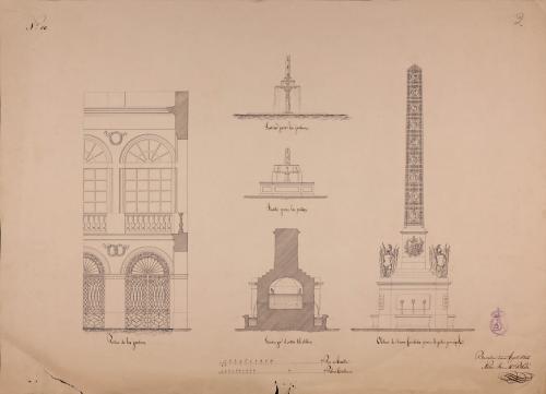 Pórtico, fuente, surtidor y obelisco para un jardín