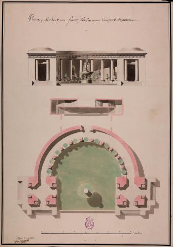 Planta y alzado de la fachada principal de una fuente para un jardín, colocada en un cuerpo de arquitectura de orden dórico