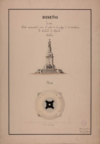 Planta y alzado de una fuente monumental para la plaza de la Constitución de Logroño