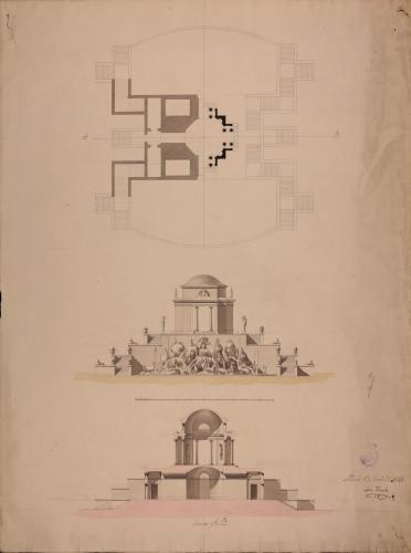Planta, alzado y sección AB de un templete dedicado a Yméneo como para situarlo en medio de una plaza