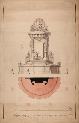 Planta y segunda fachadade un monumento conmemorativo del juramento hecho a la Reina Isabel II como princesa heredera y el sabio gobierno de la Reina Gobernadora María Cristina de Borbón