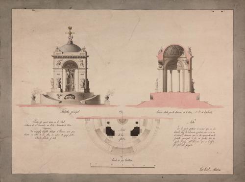 Mitad de la planta, alzado de la fachada principal y sección AB de un templo dedicado a Himeneo