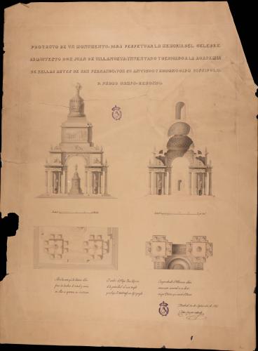 Planta, alzado y sección de un monumento a Juan de Villanueva