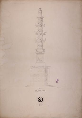 Planta y alzado de una columna rostral para la plaza principal de un puerto, dedicada a los héroes de Corfú y Lepanto