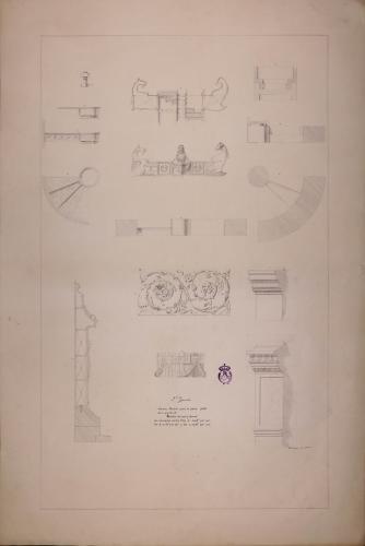 Detalles constructivos y decorativos de una columna rostral para la plaza principal de un puerto, dedicada a los héroes de Corfú y Lepanto