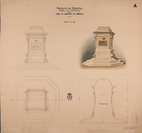 Planta, alzado y sección AB de un pedestal para la estatua del marqués de Amboage