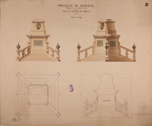 Planta, alzado y sección AB de un pedestal para la estatua del marqués de Amboage