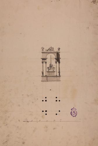 Planta y alzado de una urna sepulcral adornada de un cuerpo de arquitectura de orden corintio, con destino al cadáver del difunto Duque de Alba