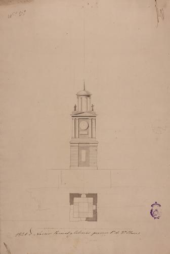 Planta y alzado de una torre cuadrada para colocar un reloj en la fachada principal de la iglesia del Buen Suceso de Madrid