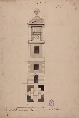 Planta y alzado de una torre cuadrada para colocar un reloj en la fachada principal de la iglesia del Buen Suceso de Madrid