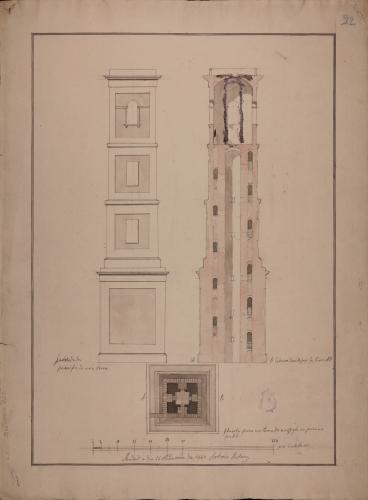 Planta, alzado y sección AB de una torre para una iglesia de un pueblo