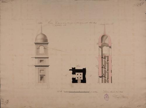 Planta, alzado y sección AB de una torre para la iglesia de un pueblo