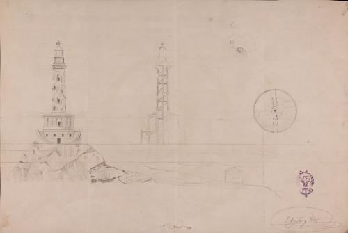 Plano topográfico, planta, alzado y sección de un faro marítimo