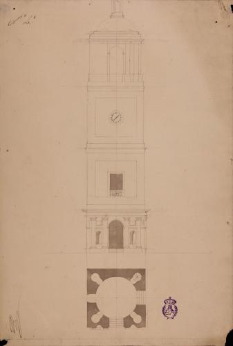 Planta y alzado de una torre cuadrada para colocar un reloj en la fachada principal de la iglesia del Buen Suceso de Madrid