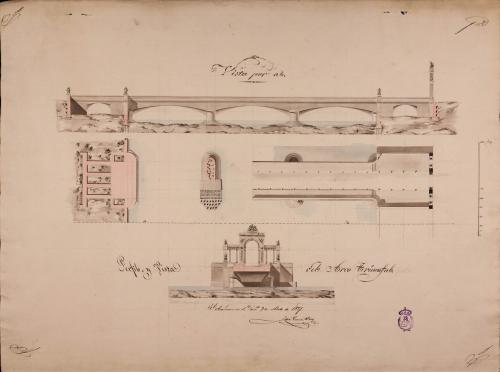 Planta, sección AB y perfil  de un puente sobre un río, con arco de triunfo