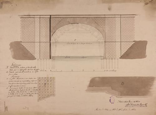 Mitad de la planta de los pilotes y su cuadrícula a vista de pájaro; planta de la porción del puente en superficie y alzado del ojo del puente con la cimbra