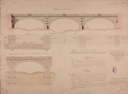Alzado, y mitad de la planta y corte longitudinal de uno de los arcos de un puente para un río de 180 pies castellanos de ancho
