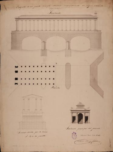Planta, alzado de la fachada principal y lateral, y sección AB  de un puente triunfal adornado con algún orden de arquitectura