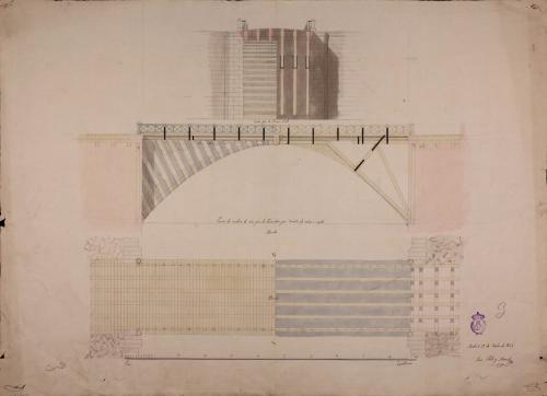 Planta, alzado y sección AB de un puente de madera de cien pies de diámetro por treinta de radio