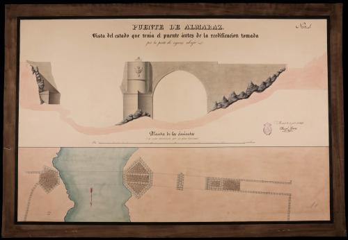 Vista del estado que tenía el puente antes de la reedificación tomada por la parte de aguas abajo y planta de los cimientos del puente de Almaraz