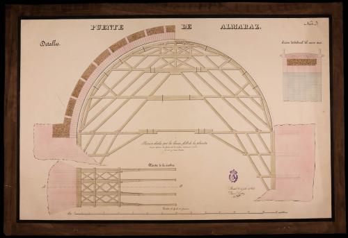 Planta de la cimbra, sección AB de la cimbra, construcción interior del arco y contra-bóvedas, y sección longitudinal del nuevo arco del puente de Almaraz