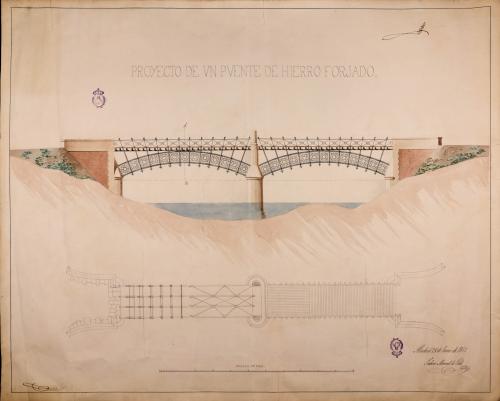 Planta y alzado de un puente de hierro forjado