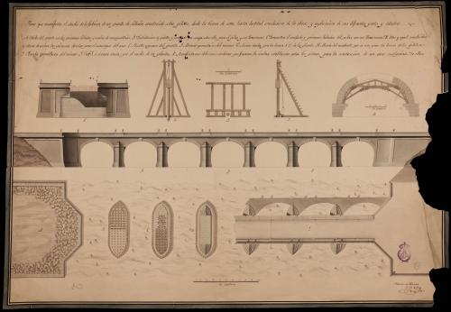 Planta y alzado de un puente de sillería construido sobre pilotes