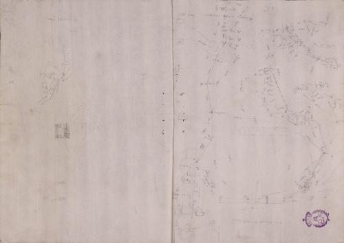 Apuntes del plano topográfico de la finca, sección del puente y planta de la casa de labor del duque de Villahermosa