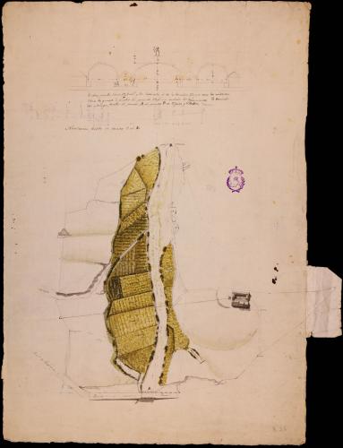 Plano del río y su vega, planta de la casa de labor y alzado del puente en la finca del duque de Villahermosa