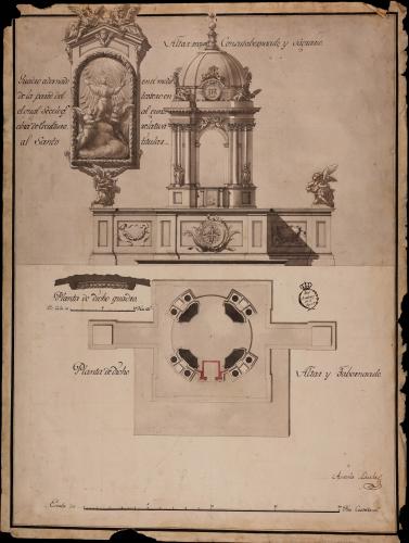 Planta y alzado del altar mayor, el tabernáculo y el cuadro situado en medio de la pared del testero de una iglesia parroquia de orden dórico
