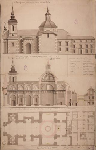 Planta, alzado y sección de una parroquia para un pueblo de 500 vecinos, con habitación para el cura y sacristán