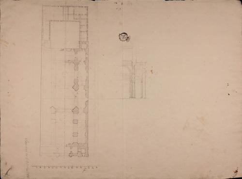 Planta y sección de una iglesia parroquial en un sitio de 120 pies por 380, con habitación para el cura y sacristán