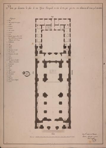 Planta de una iglesia parroquial en un sitio de 120 pies por 380, con habitación para el cura y sacristán