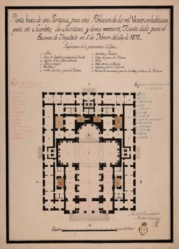 Planta baja de una parroquia para una población de 1.000 vecinos, con habitación para seis sacerdotes, dos sacristanes