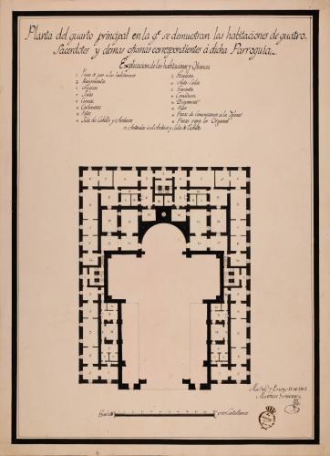 Planta principal de una parroquia para una población de 1.000 vecinos, con habitación para seis sacerdotes, dos sacristanes