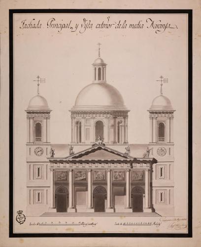 Alzado de la fachada principal de una iglesia parroquial dedicada al mártir español San Lorenzo, para una población de 600 vecinos