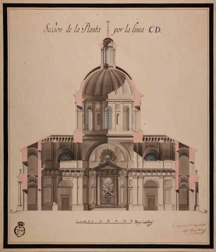 Sección CD de una iglesia parroquial dedicada al mártir español San Lorenzo, para una población de 600 vecinos
