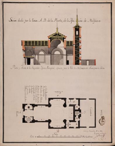 Planta y sección  AB de una iglesia parroquial para la villa de Malpica (Toledo)