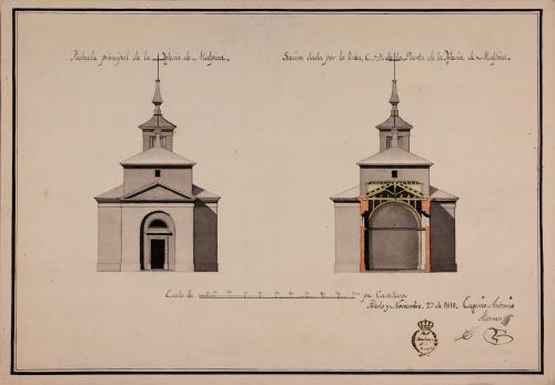 Alzado de la fachada principal y sección CD de una iglesia parroquial para la villa de Malpica (Toledo)