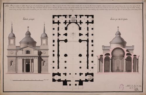 Planta, alzado de la fachada principal y sección AB de una iglesia parroquial para una capital de provincia de mil doscientas almas