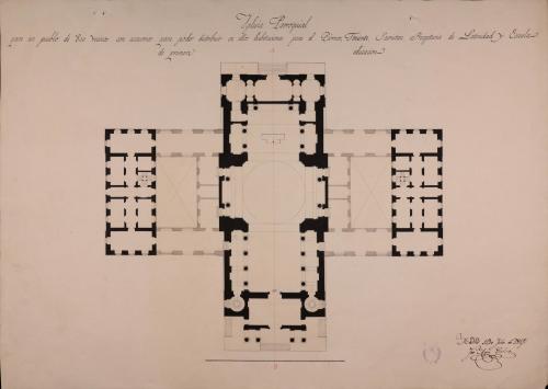 Planta  de una iglesia parroquial para un pueblo de 800 vecinos, con accesorios para poder distribuir en ella  habitaciones para el párroco, teniente, sacristán, precepturía de latinidad y escuela de primera  educación
