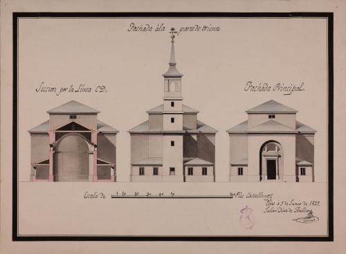 Alzado de las fachadas principal y posterior, y sección CD de una iglesia parroquial para un pueblo de 300 vecinos
