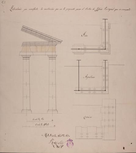 Planta del friso, arquitrabe y cornisa del intercolumnio del pórtico de la fachada principal, y alzado de dicho intercolumnio de una iglesia parroquial de la nueva población de Nuestra Señora de Gracia