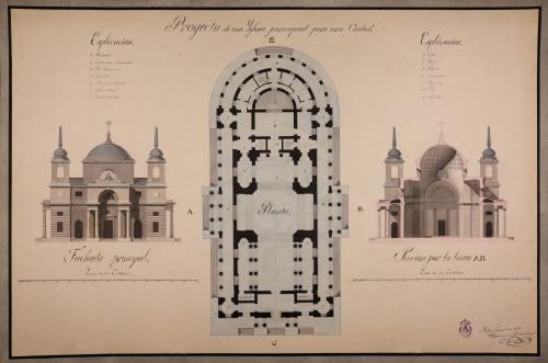 Planta, alzado de la fachada principal y sección AB de una iglesia parroquial para una ciudad