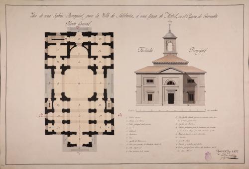 Planta y alzado de la fachada principal de una iglesia parroquial para la villa de Salobreña