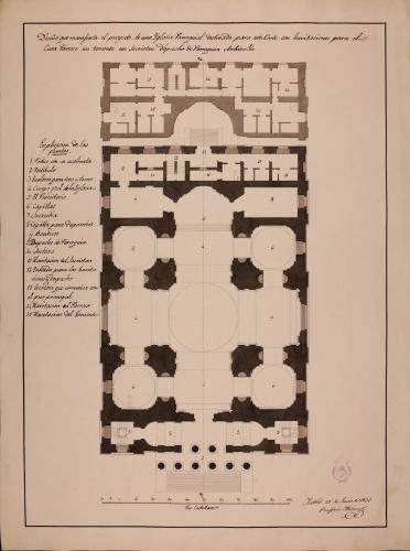 Planta de una iglesia parroquial destinada a esta Corte, con habitaciones para el cura párroco, un  teniente, un sacristán, el despacho de la parroquia y el archivo