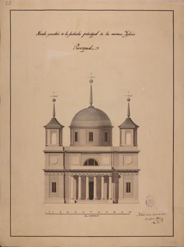 Alzado de la fachada principal de una iglesia parroquial destinada a esta Corte, con habitaciones para el cura párroco, un  teniente, un sacristán, el despacho de la parroquia y el archivo