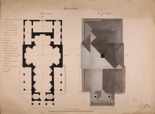 Plantas principal y de tejados de una iglesia parroquial
